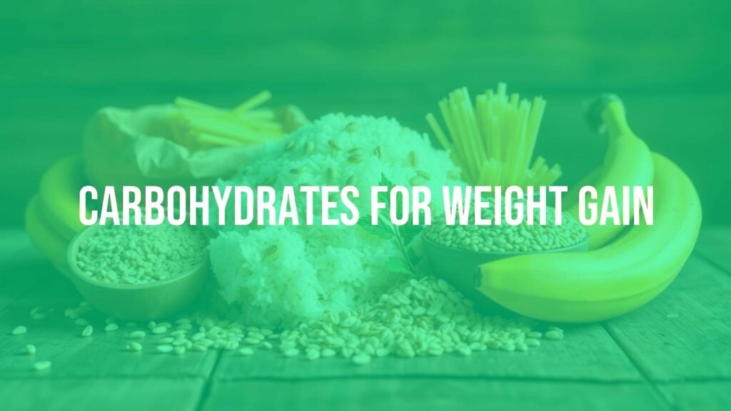 Healthy high-carb foods for weight gain, including rice, pasta, bananas, and oats, arranged neatly on a wooden table, warm lighting, realistic.