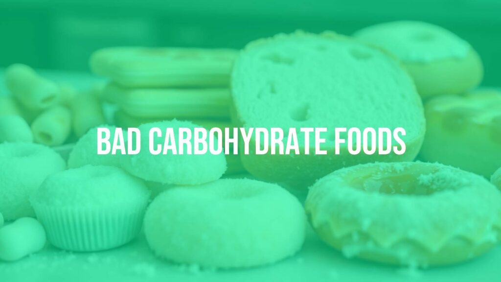 Unhealthy carbohydrate foods, including sugary snacks, white bread, and processed pastries, arranged on a table with a blurred background, realistic style.