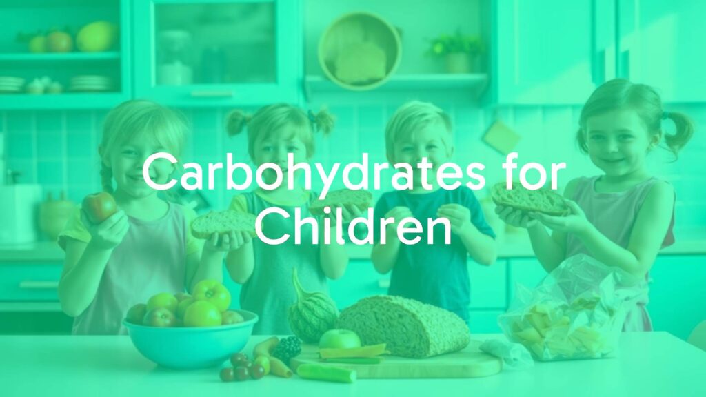 Healthy children eating colorful fruits and whole grain bread, happy and energetic, bright and cheerful kitchen setting, realistic.