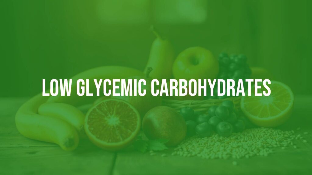 Healthy low glycemic foods on a wooden table, fresh fruits and whole grains, warm natural lighting, realistic.